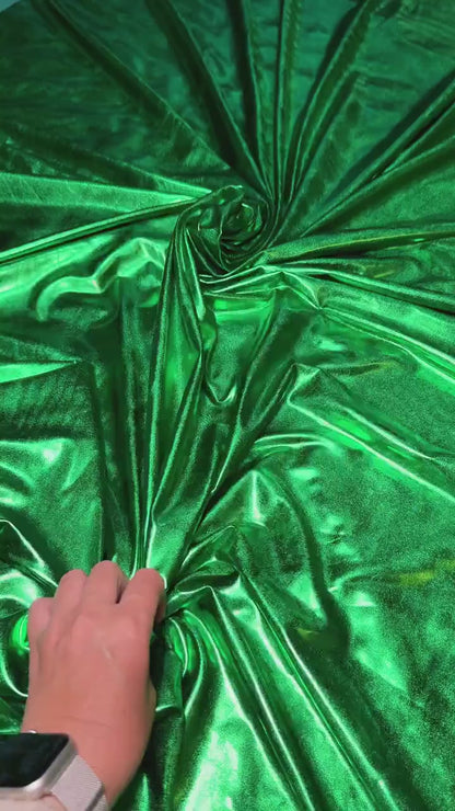 Kelly Green Metallic Lame Spandex Fabric, 4-Way Stretch Foil Fabric by the Yard, Shiny Green Dancewear, Costumes, Luxury Apparel Material