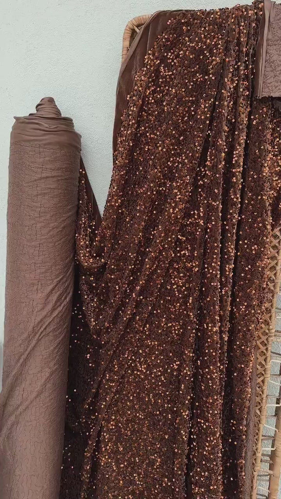 Brown Sequins on Stretch Brown Velvet Fabric, Luxury Brown Sequined Fabric by yard for Wedding Dresses Gowns, Bows Holiday Crafting Material