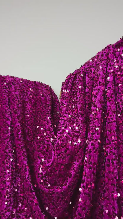 Fuchsia Sequin on Velvet Fabric by Yard, Luxurious Stretch Velvet with Sparkling Magneta Sequins, for Dresses Gowns and Event Wedding Decor