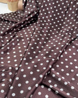 Chocolate Brown Polka Dot Satin Dress Fabric – Small Ivory Dots, Light Stretch, 58" Wide