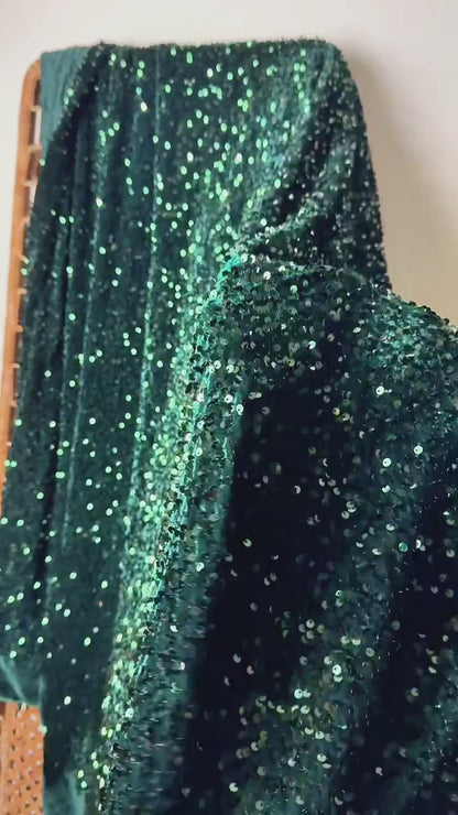 Hunter Green Sequins on Green Stretch Velvet Fabric, Luxury Sequins Fabric by yard for Dresses Gowns, Bows, DYI Premium Quality Lowest Price