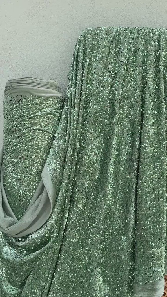 Sage Green Sequins on Sage Velvet Fabric by Yard, Green Sequin Material for Dresses Gowns, Curtains Bows, Bridal Backdrops DYI Crafts Fabric