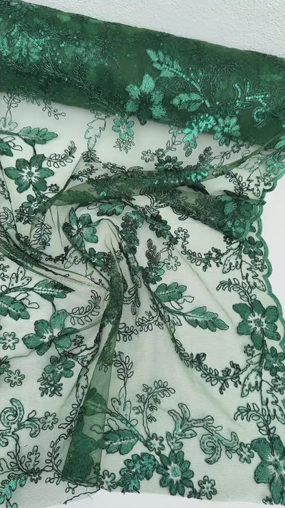 Hunter Green Floral Lace Fabric by yard Embroidery Corded With Sequins Fabric Non Stretch Green Sequined Embroidered On Lace Bridal Gowns