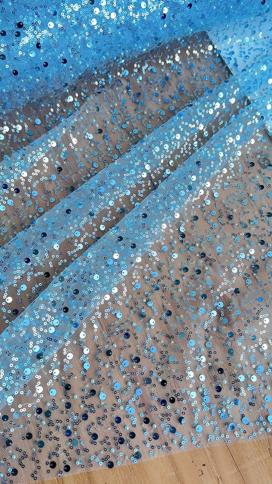 Sky Blue Beaded Lace Fabric with Pearls and Sequins by Yard