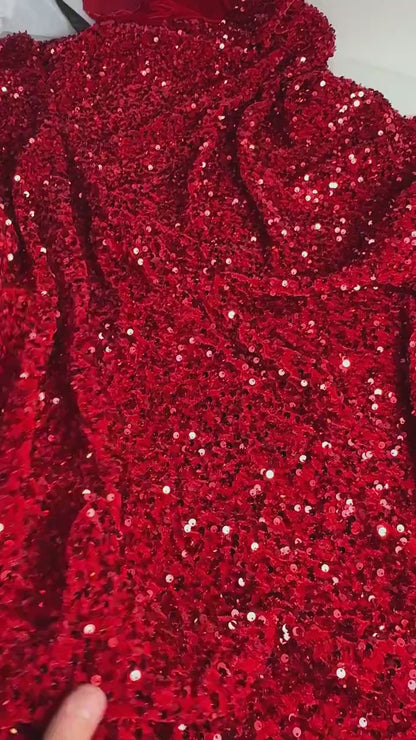 Red Sequins on Stretch Velvet Fabric By Yard 2 Way Stretch Red Velvet Stephanie All-Over Sparkles Sequins, for Bridal Dresses, Gowns, Bows