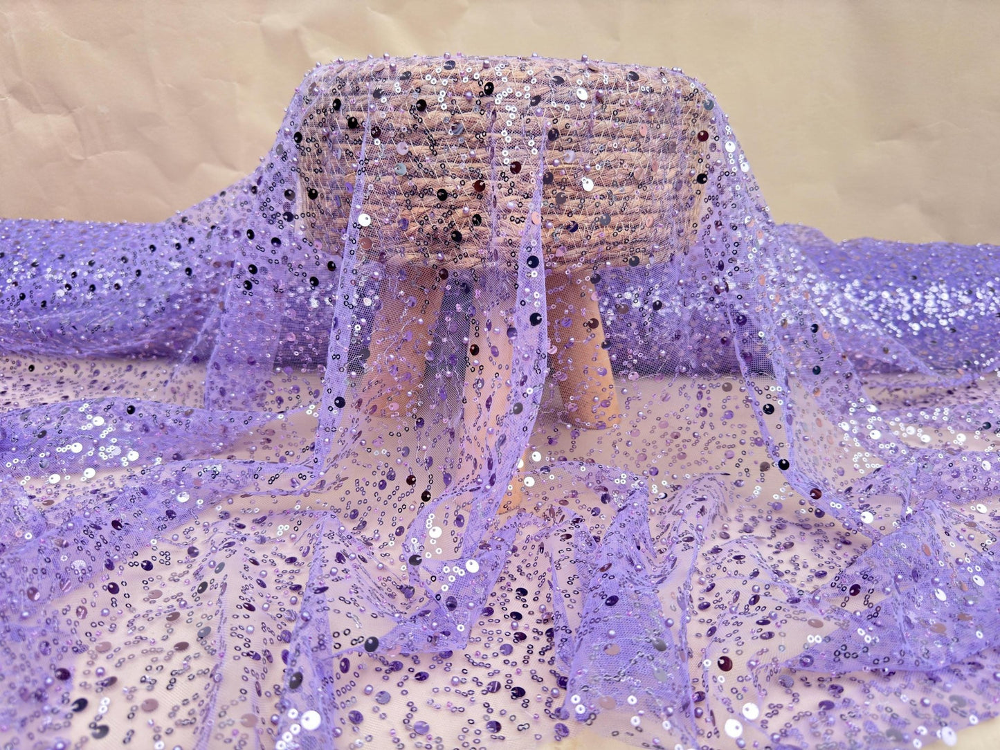 Purple Beaded Lace Fabric by Yard | Embroidered with Pearls & Sequins Mesh | Sequin on Sheer Mesh Bridal Dresses, Gowns, Veils, Table Decor - from Gala Textile