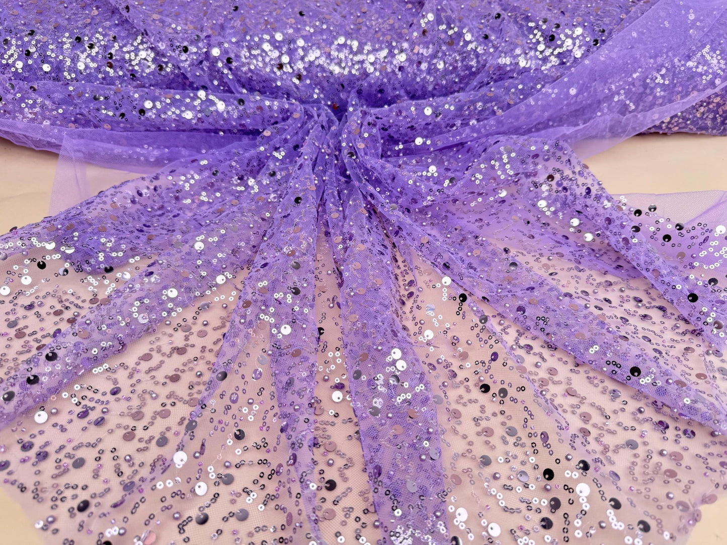 Purple Beaded Lace Fabric by Yard | Embroidered with Pearls & Sequins Mesh | Sequin on Sheer Mesh Bridal Dresses, Gowns, Veils, Table Decor - from Gala Textile