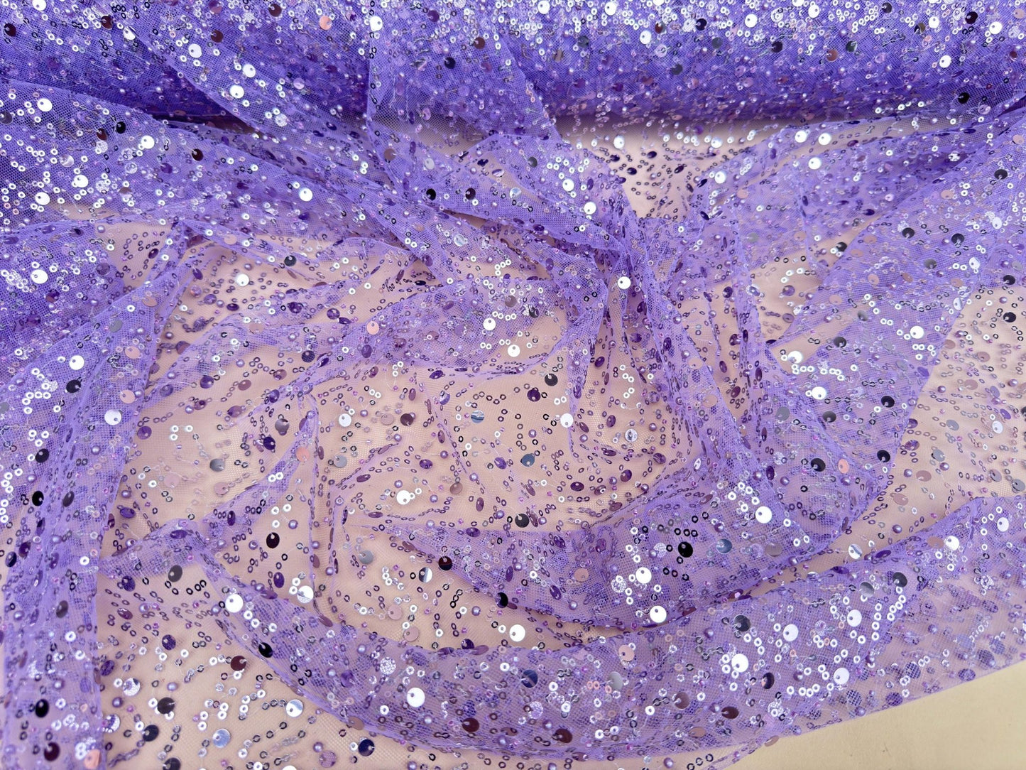 Purple Beaded Lace Fabric by Yard | Embroidered with Pearls & Sequins Mesh | Sequin on Sheer Mesh Bridal Dresses, Gowns, Veils, Table Decor - from Gala Textile