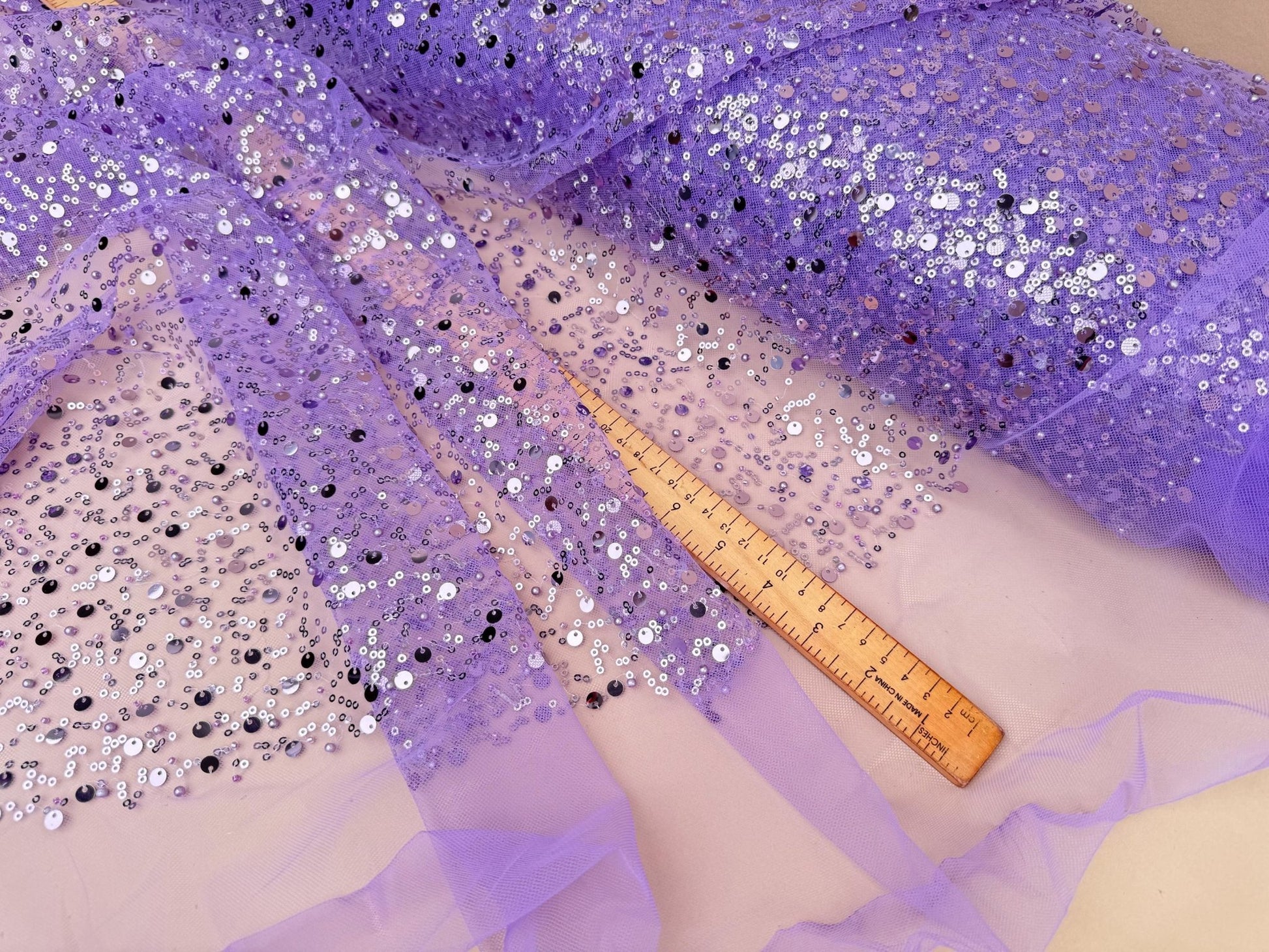 Purple Beaded Lace Fabric by Yard | Embroidered with Pearls & Sequins Mesh | Sequin on Sheer Mesh Bridal Dresses, Gowns, Veils, Table Decor - from Gala Textile