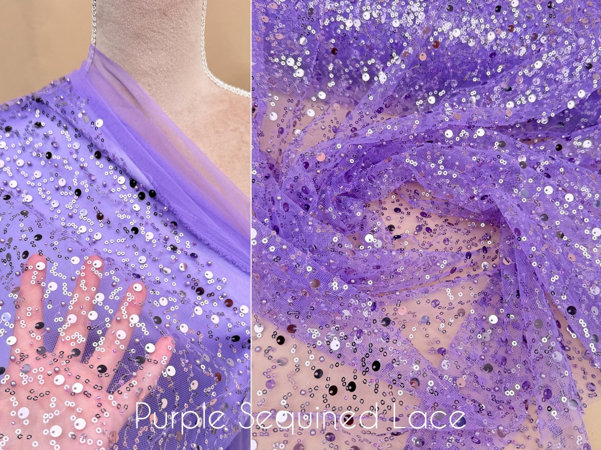 Purple Beaded Lace Fabric by Yard | Embroidered with Pearls & Sequins Mesh | Sequin on Sheer Mesh Bridal Dresses, Gowns, Veils, Table Decor - from Gala Textile