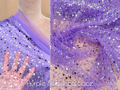 Purple Beaded Lace Fabric by Yard | Embroidered with Pearls & Sequins Mesh | Sequin on Sheer Mesh Bridal Dresses, Gowns, Veils, Table Decor - from Gala Textile