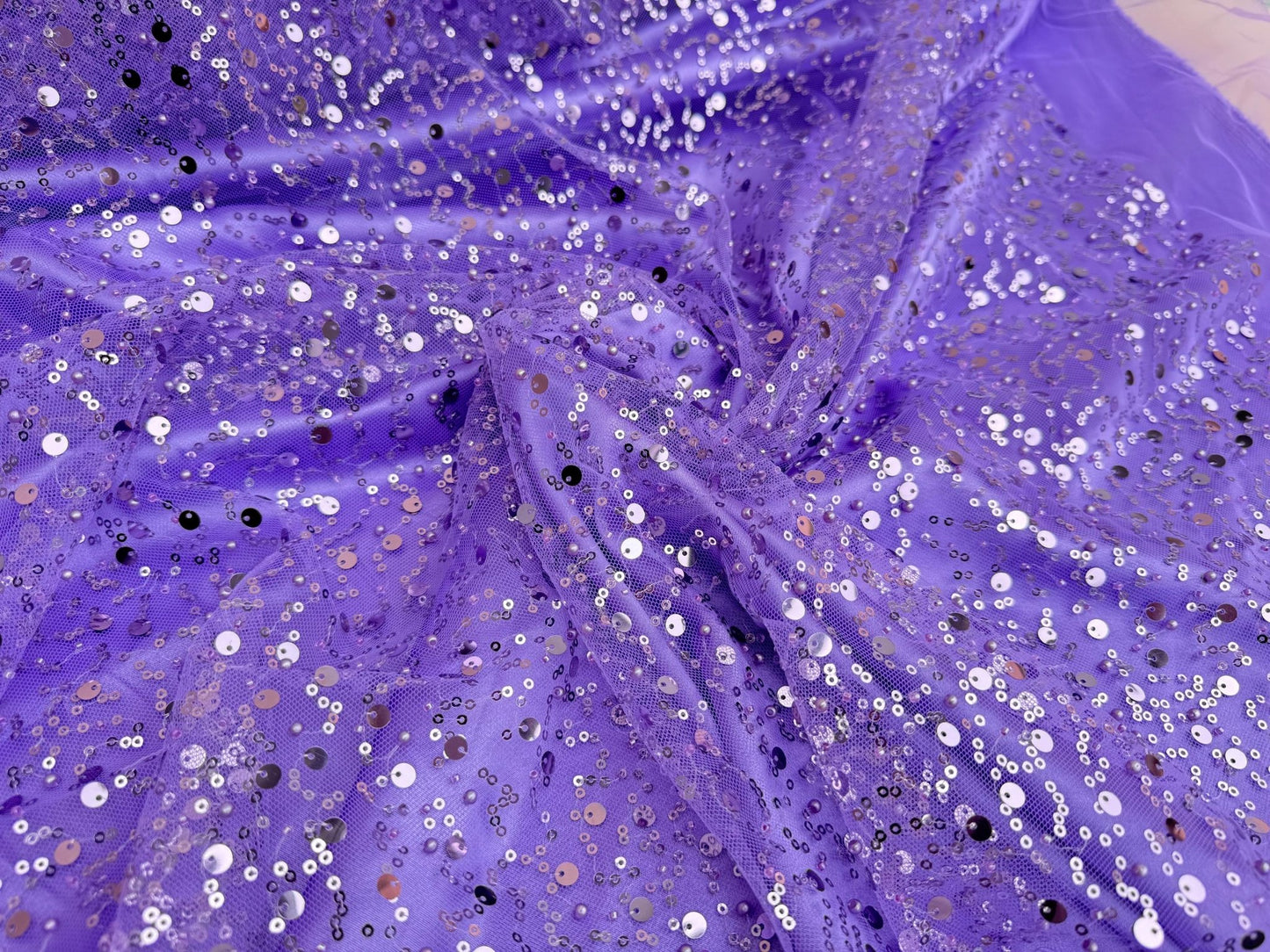 Purple Beaded Lace Fabric by Yard | Embroidered with Pearls & Sequins Mesh | Sequin on Sheer Mesh Bridal Dresses, Gowns, Veils, Table Decor - from Gala Textile