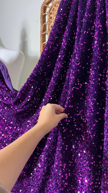 Purple Sequins on Stretch Velvet Fabric, Luxury Violet Sequined Fabric by the yard for Dresses Gowns, Bows, Premium Quality Lowest Price - from Gala Textile