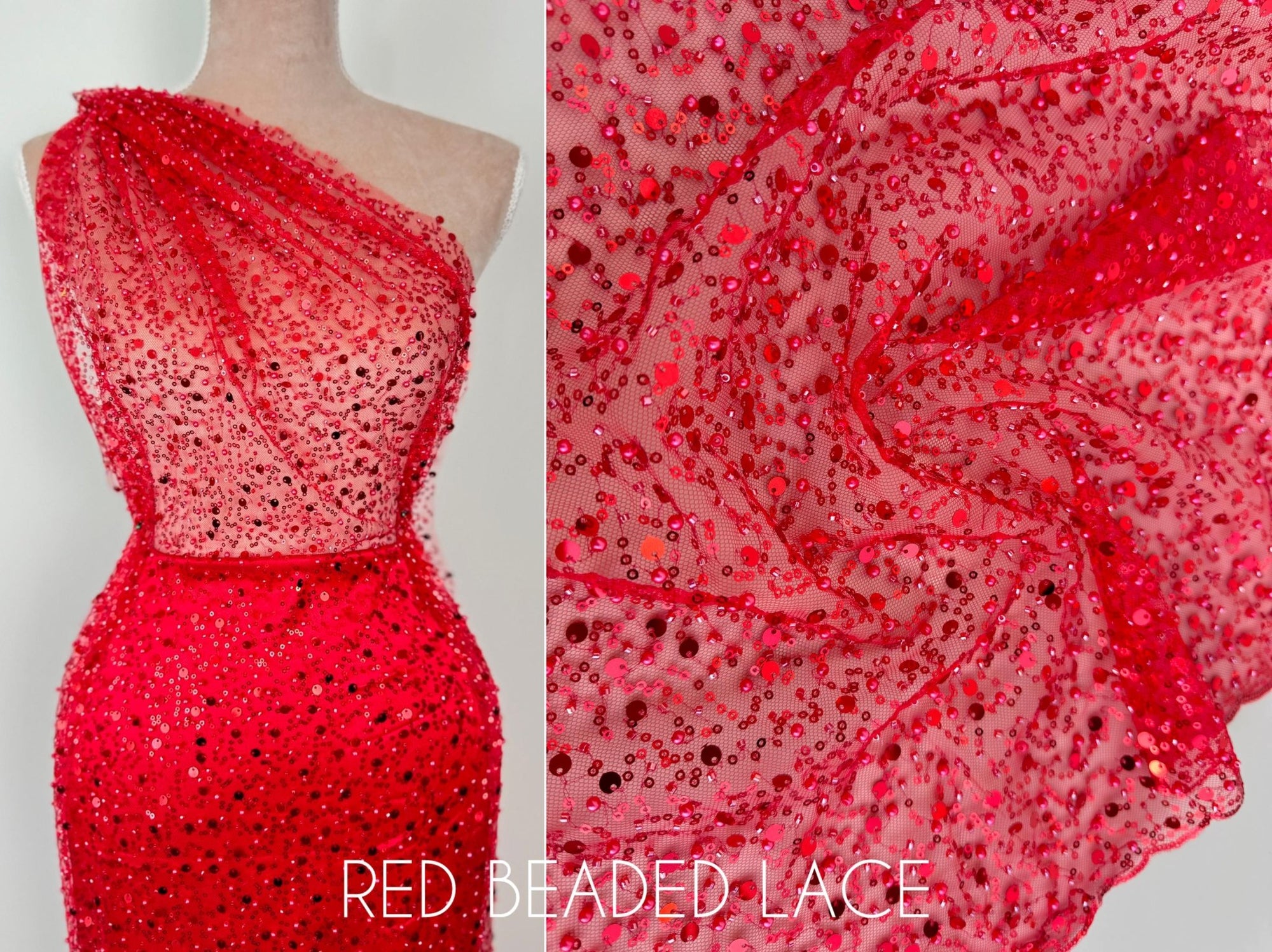 Red Beaded Lace Fabric by Yard | Embroidered with Pearls &amp; Sequins Mesh | Red Sequin on Sheer Mesh Bridal Dresses, Gowns, Veils, Table Decor - from Gala Textile