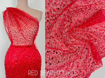 Red Beaded Lace Fabric by Yard | Embroidered with Pearls & Sequins Mesh | Red Sequin on Sheer Mesh Bridal Dresses, Gowns, Veils, Table Decor - from Gala Textile