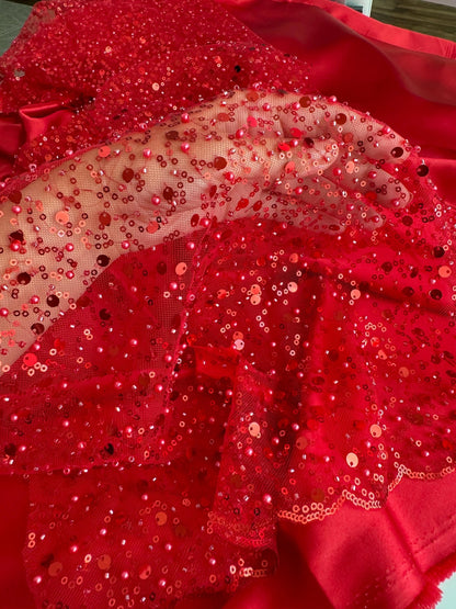 Red Beaded Lace Fabric by Yard | Embroidered with Pearls & Sequins Mesh | Red Sequin on Sheer Mesh Bridal Dresses, Gowns, Veils, Table Decor - from Gala Textile