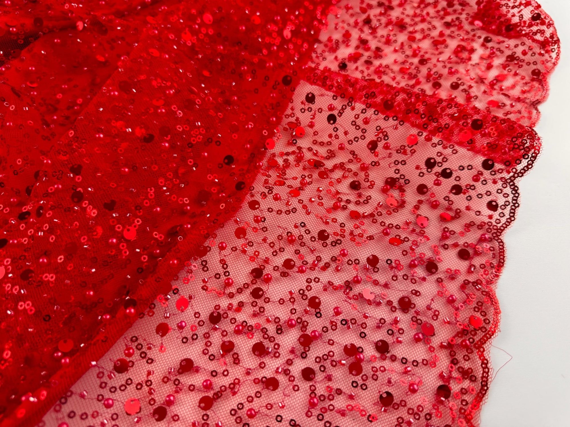 Red Beaded Lace Fabric by Yard | Embroidered with Pearls &amp; Sequins Mesh | Red Sequin on Sheer Mesh Bridal Dresses, Gowns, Veils, Table Decor - from Gala Textile
