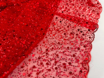 Red Beaded Lace Fabric by Yard | Embroidered with Pearls & Sequins Mesh | Red Sequin on Sheer Mesh Bridal Dresses, Gowns, Veils, Table Decor - from Gala Textile