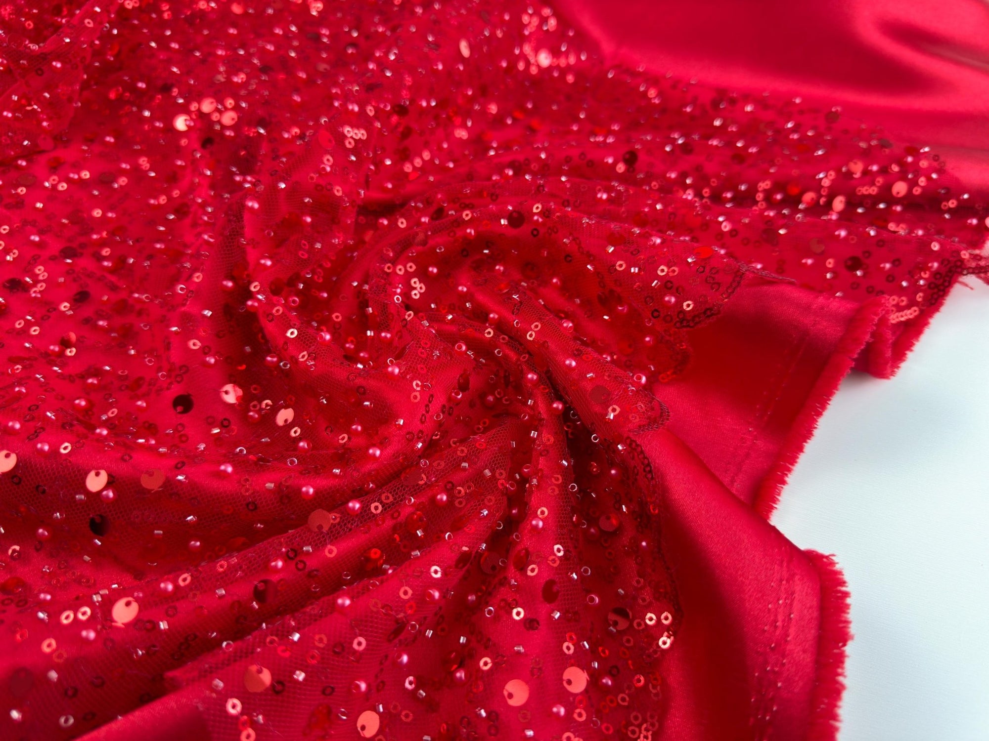 Red Beaded Lace Fabric by Yard | Embroidered with Pearls &amp; Sequins Mesh | Red Sequin on Sheer Mesh Bridal Dresses, Gowns, Veils, Table Decor - from Gala Textile