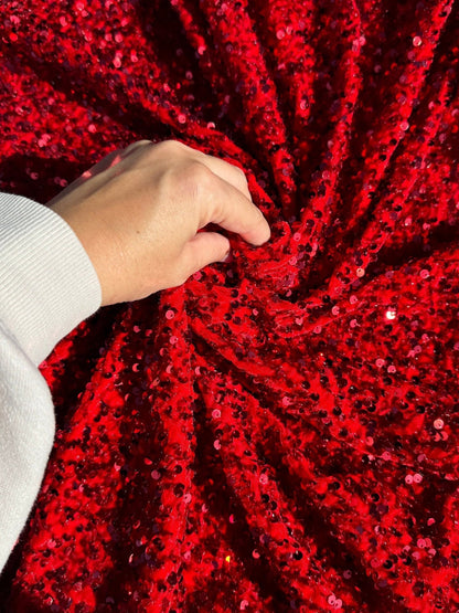 Red Sequins on Stretch Velvet Fabric By Yard 2 Way Stretch Red Velvet Stephanie All - Over Sparkles Sequins, for Bridal Dresses, Gowns, Bows - from Gala Textile