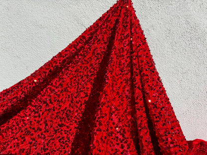 Red Sequins on Stretch Velvet Fabric By Yard 2 Way Stretch Red Velvet Stephanie All - Over Sparkles Sequins, for Bridal Dresses, Gowns, Bows - from Gala Textile