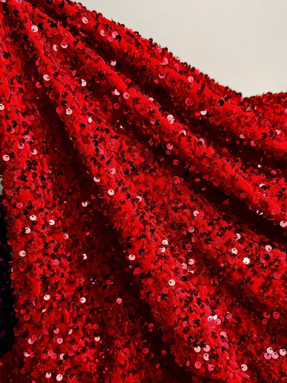 Red Sequins on Stretch Velvet Fabric By Yard 2 Way Stretch Red Velvet Stephanie All - Over Sparkles Sequins, for Bridal Dresses, Gowns, Bows - from Gala Textile