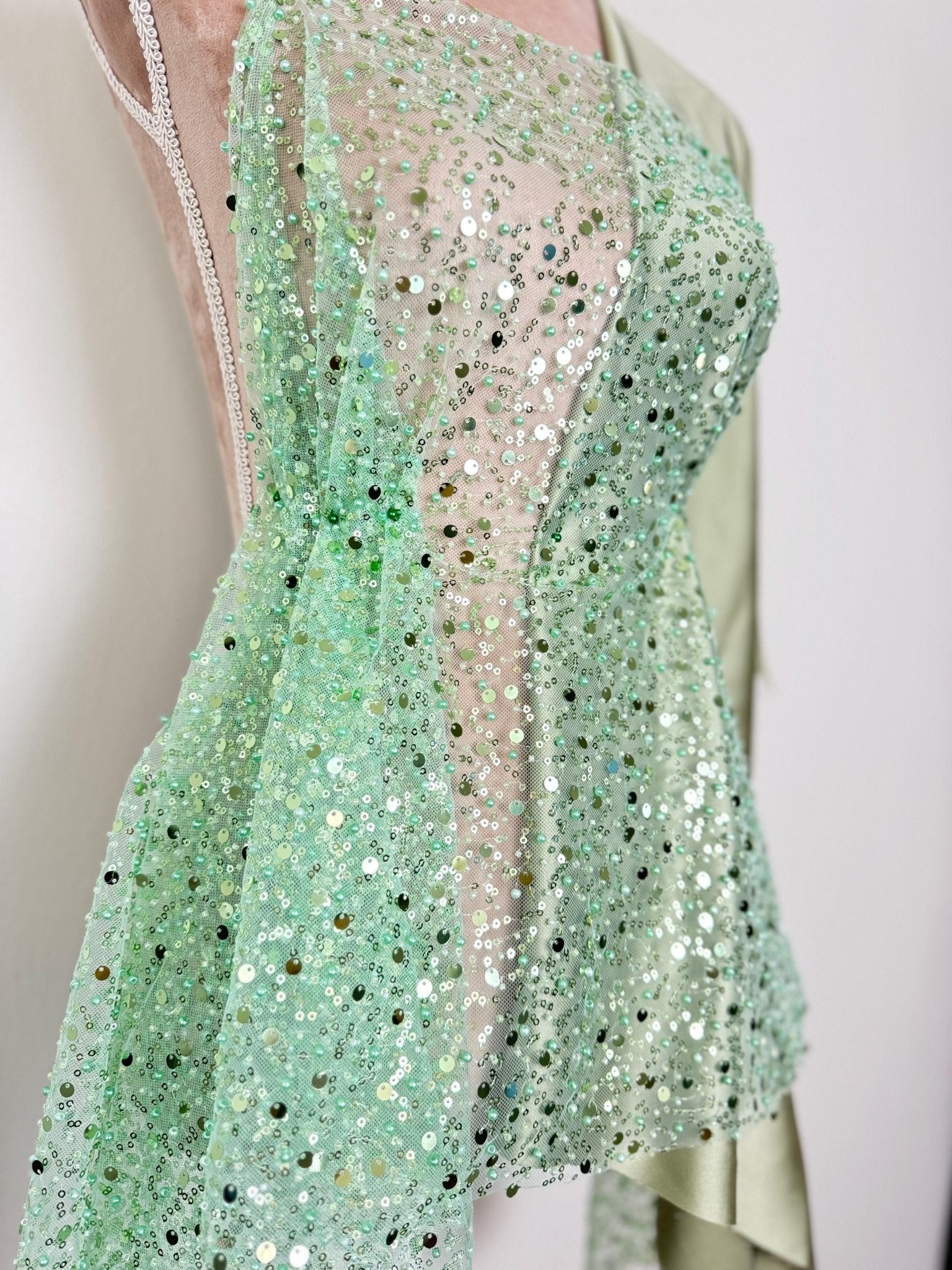 Sage Green Beaded Lace Fabric by Yard | Embroidered with Pearls &amp; Sequins Mesh | Bridal Dresses, Gowns, Veils, Table Decor - from Gala Textile