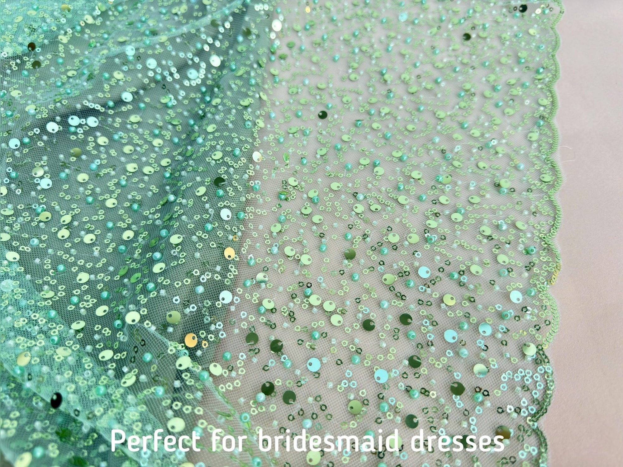 Sage Green Beaded Lace Fabric by Yard | Embroidered with Pearls &amp; Sequins Mesh | Bridal Dresses, Gowns, Veils, Table Decor - from Gala Textile