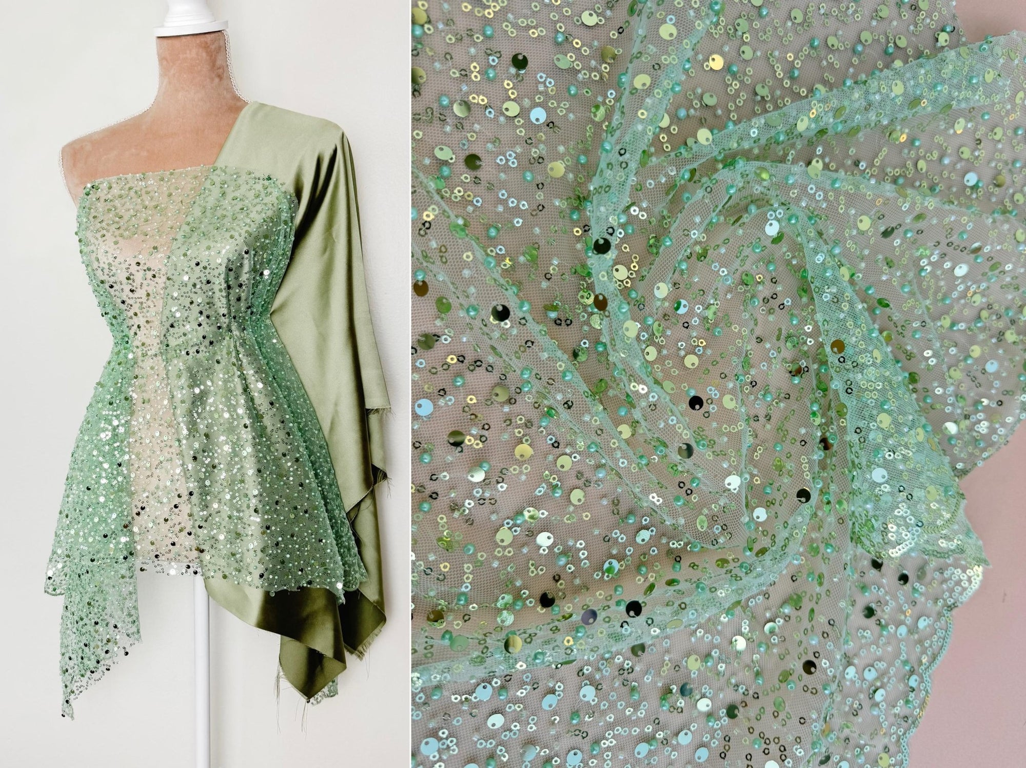 Sage Green Beaded Lace Fabric by Yard | Embroidered with Pearls & Sequ Gala Textile Sage Green Beaded Lace Fabric by Yard | Embroidered with Pearls & Sequ Gala Textile