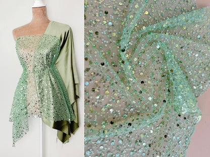 Sage Green Beaded Lace Fabric by Yard | Embroidered with Pearls & Sequins Mesh | Bridal Dresses, Gowns, Veils, Table Decor - from Gala Textile