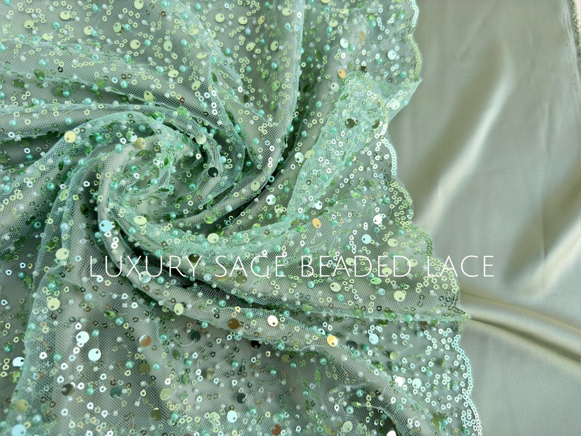 Sage Green Beaded Lace Fabric by Yard | Embroidered with Pearls &amp; Sequins Mesh | Bridal Dresses, Gowns, Veils, Table Decor - from Gala Textile