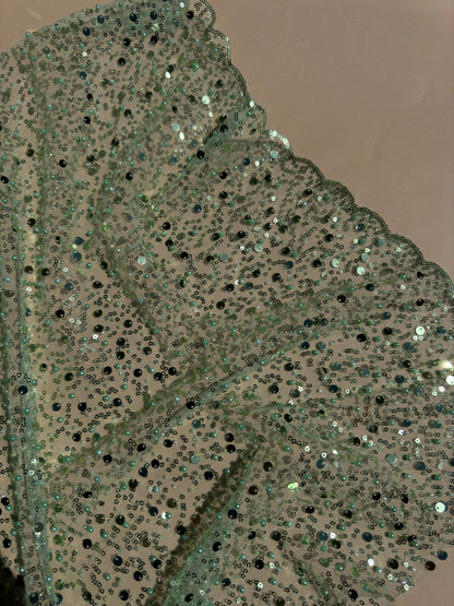 Sage Green Beaded Lace Fabric by Yard | Embroidered with Pearls & Sequins Mesh | Bridal Dresses, Gowns, Veils, Table Decor - from Gala Textile