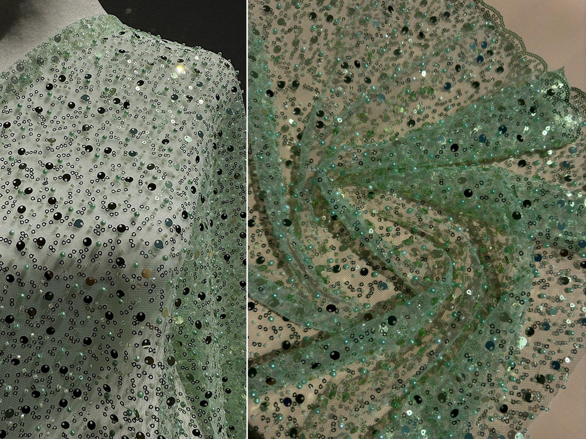 Sage Green Beaded Lace Fabric by Yard | Embroidered with Pearls & Sequ Gala Textile Sage Green Beaded Lace Fabric by Yard | Embroidered with Pearls & Sequ Gala Textile