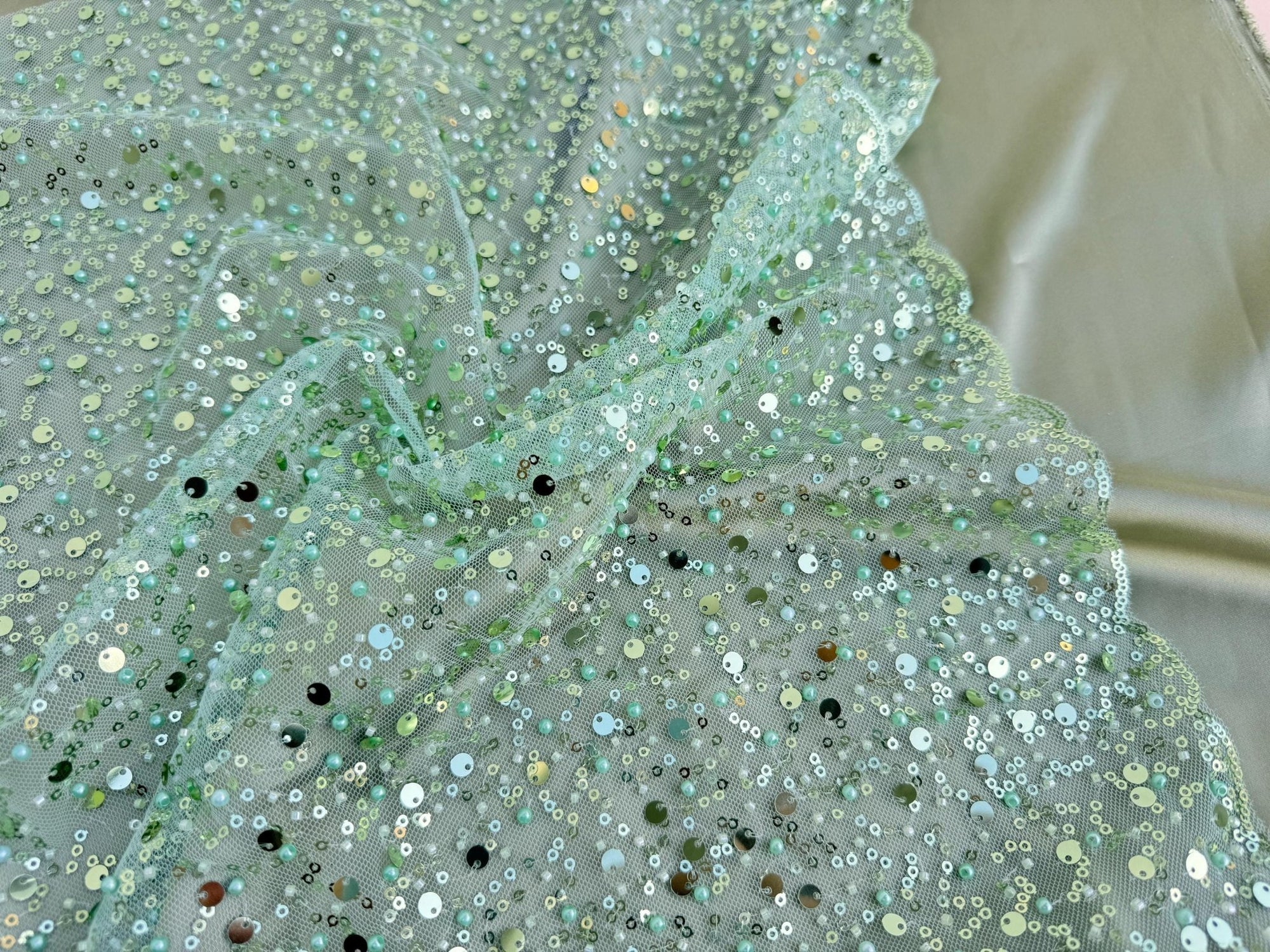 Sage Green Beaded Lace Fabric by Yard | Embroidered with Pearls & Sequ Gala Textile Sage Green Beaded Lace Fabric by Yard | Embroidered with Pearls & Sequ Gala Textile