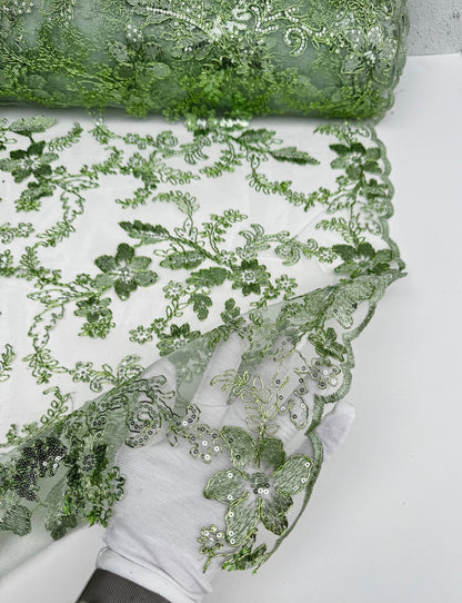 Sage Green Floral Lace Fabric by yard Embroidery Corded With Sequins Fabric Non Stretch Sequined Embroidered On Lace Bridal Wedding Gowns - from Gala Textile