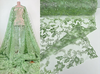 Sage Green Floral Lace Fabric by yard Embroidery Corded With Sequins Fabric Non Stretch Sequined Embroidered On Lace Bridal Wedding Gowns - from Gala Textile