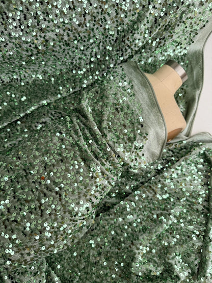 Sage Green Sequins on Sage Velvet Fabric by Yard, Green Sequin Material for Dresses Gowns, Curtains Bows, Bridal Backdrops DYI Crafts Fabric - from Gala Textile