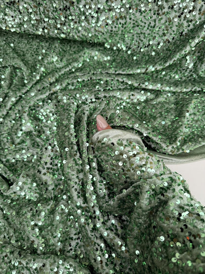 Sage Green Sequins on Sage Velvet Fabric by Yard, Green Sequin Material for Dresses Gowns, Curtains Bows, Bridal Backdrops DYI Crafts Fabric - from Gala Textile