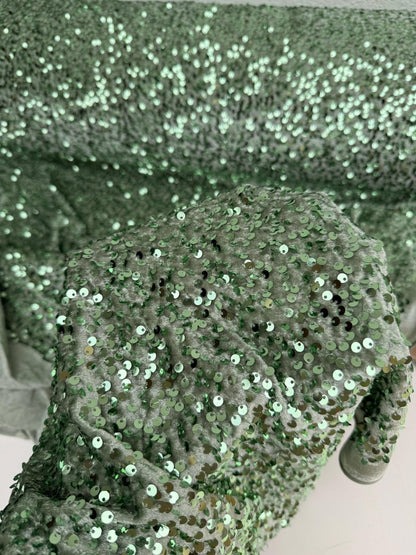 Sage Green Sequins on Sage Velvet Fabric by Yard, Green Sequin Material for Dresses Gowns, Curtains Bows, Bridal Backdrops DYI Crafts Fabric - from Gala Textile