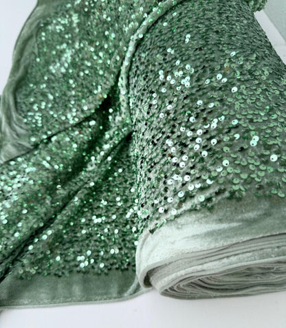 Sage Green Sequins on Sage Velvet Fabric by Yard, Green Sequin Material for Dresses Gowns, Curtains Bows, Bridal Backdrops DYI Crafts Fabric - from Gala Textile