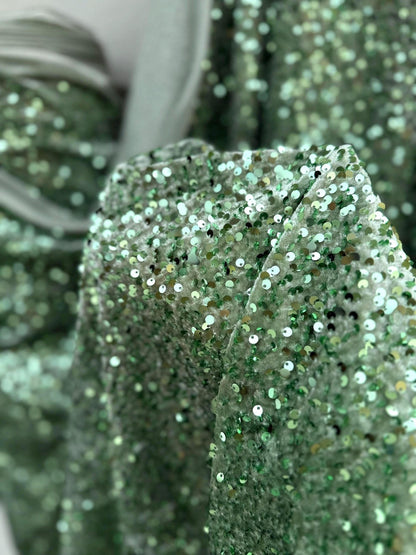 Sage Green Sequins on Sage Velvet Fabric by Yard, Green Sequin Material for Dresses Gowns, Curtains Bows, Bridal Backdrops DYI Crafts Fabric - from Gala Textile