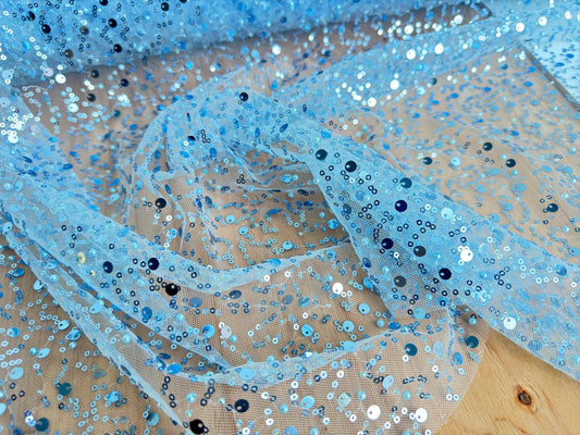 Sky Blue Beaded Lace Fabric with Pearls and Sequins by Yard, Luxury Shimmer Fabric for High - End Bridal, Gowns, Evening Wear Lace, Backdrops - from Gala Textile