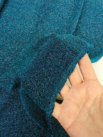 Turquoise 4 Way Stretch Lurex Fabric by The Yard Knit Spandex Shimmery Multi Color Blue Glitter Knit For Dressmaking Gown Backdrop Drapes - from Gala Textile