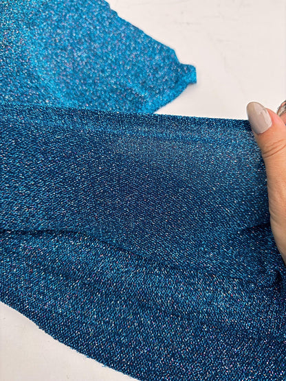 Turquoise 4 Way Stretch Lurex Fabric by The Yard Knit Spandex Shimmery Multi Color Blue Glitter Knit For Dressmaking Gown Backdrop Drapes - from Gala Textile