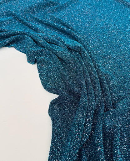 Turquoise 4 Way Stretch Lurex Fabric by The Yard Knit Spandex Shimmery Multi Color Blue Glitter Knit For Dressmaking Gown Backdrop Drapes - from Gala Textile