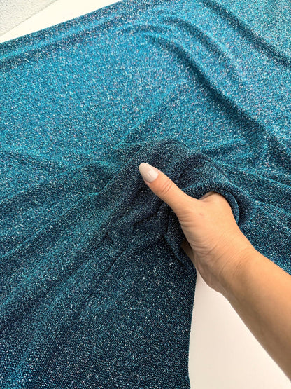 Turquoise 4 Way Stretch Lurex Fabric by The Yard Knit Spandex Shimmery Multi Color Blue Glitter Knit For Dressmaking Gown Backdrop Drapes - from Gala Textile