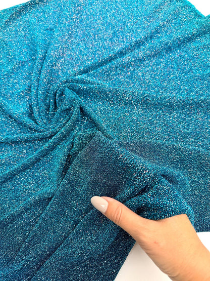 Turquoise 4 Way Stretch Lurex Fabric by The Yard Knit Spandex Shimmery Multi Color Blue Glitter Knit For Dressmaking Gown Backdrop Drapes - from Gala Textile