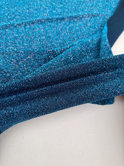 Turquoise 4 Way Stretch Lurex Fabric by The Yard Knit Spandex Shimmery Multi Color Blue Glitter Knit For Dressmaking Gown Backdrop Drapes - from Gala Textile