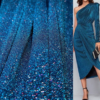 Turquoise 4 Way Stretch Lurex Fabric by The Yard Knit Spandex Shimmery Multi Color Blue Glitter Knit For Dressmaking Gown Backdrop Drapes - from Gala Textile