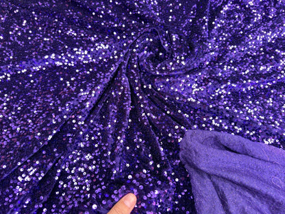 Violet Sequins on Stretch Velvet Fabric, Luxury Violet Sequined Fabric by the yard for Dresses Gowns, Bows, Dance Wear, 2 Way Stretch Velvet - from Gala Textile